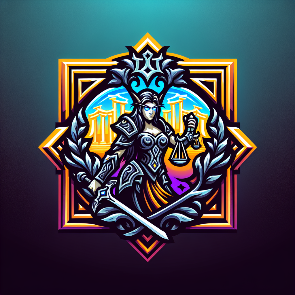 for lawyer. world of warcraft theme. add justice statue background with sketch more serious even more serious and more brutal and corners need to be square